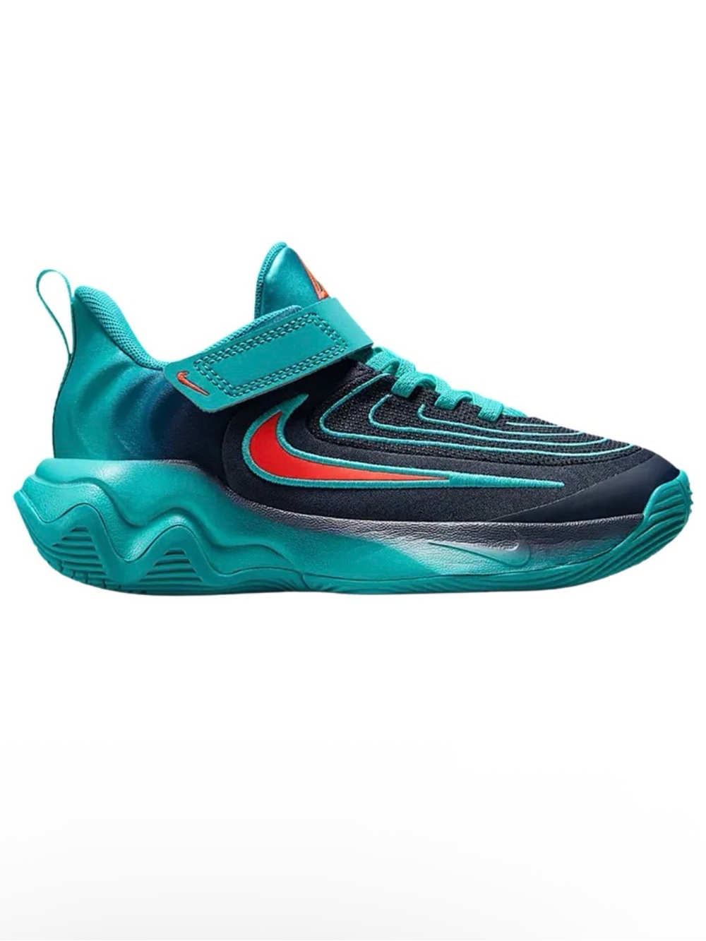 Nike Kids Teal and Navy Sneaker with Coral Swoosh